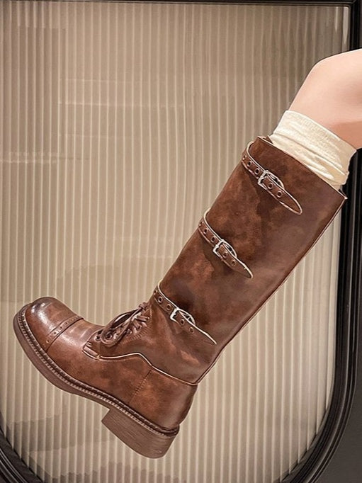 Retro distressed British square toe lace-up Martin boots-thevervian