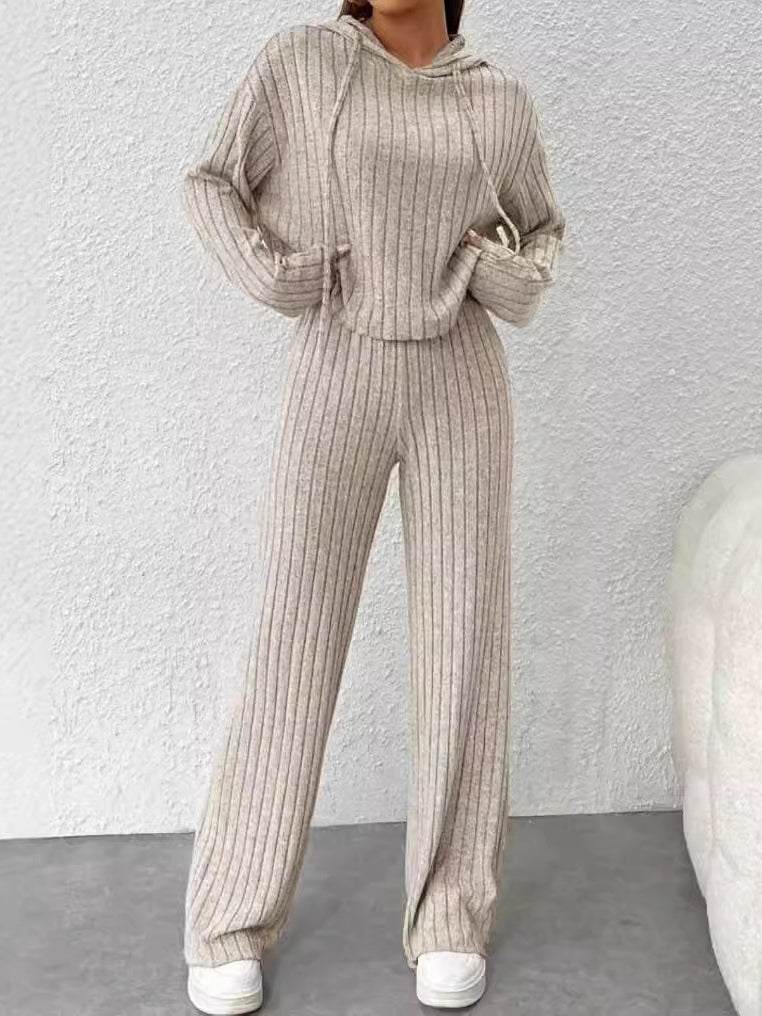 Loose hooded knitted striped long-sleeved set-thevervian
