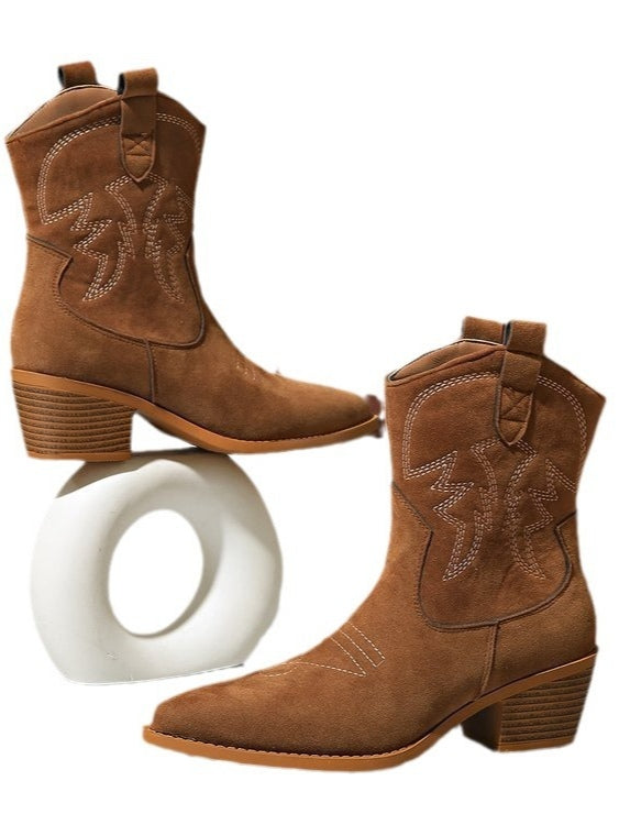 Retro embroidered block heel round toe mid-calf knight boots-thevervian