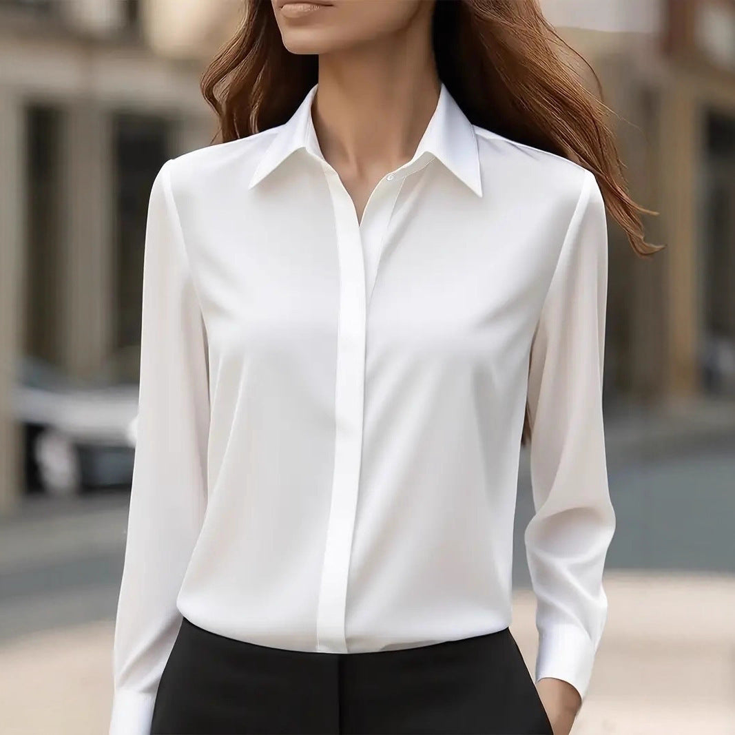 Solid color long-sleeved versatile shirt with lapel satin shirt-thevervian