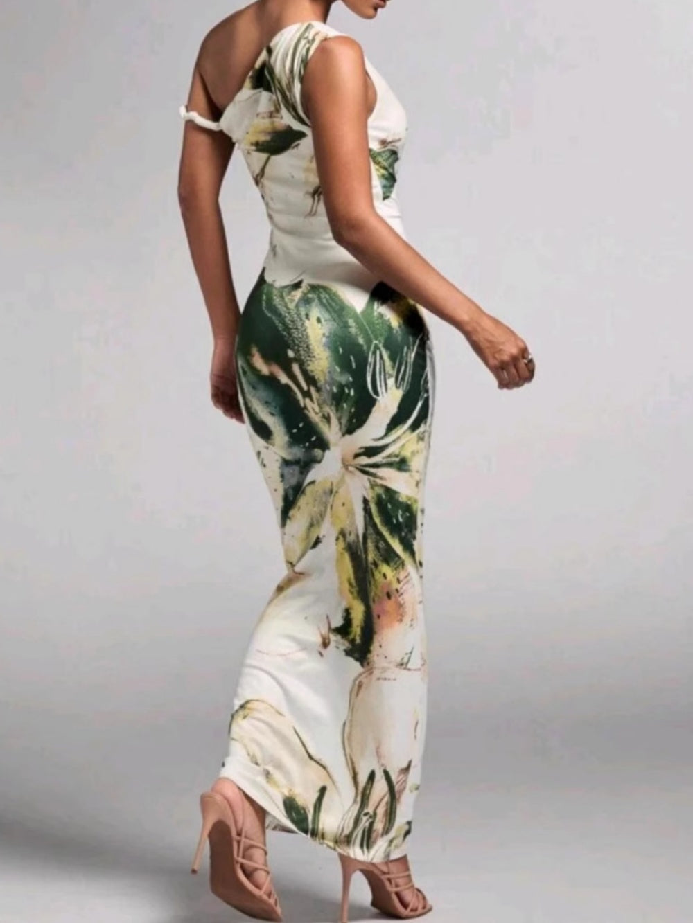 Printed pleated one-shoulder maxi dress-thevervian