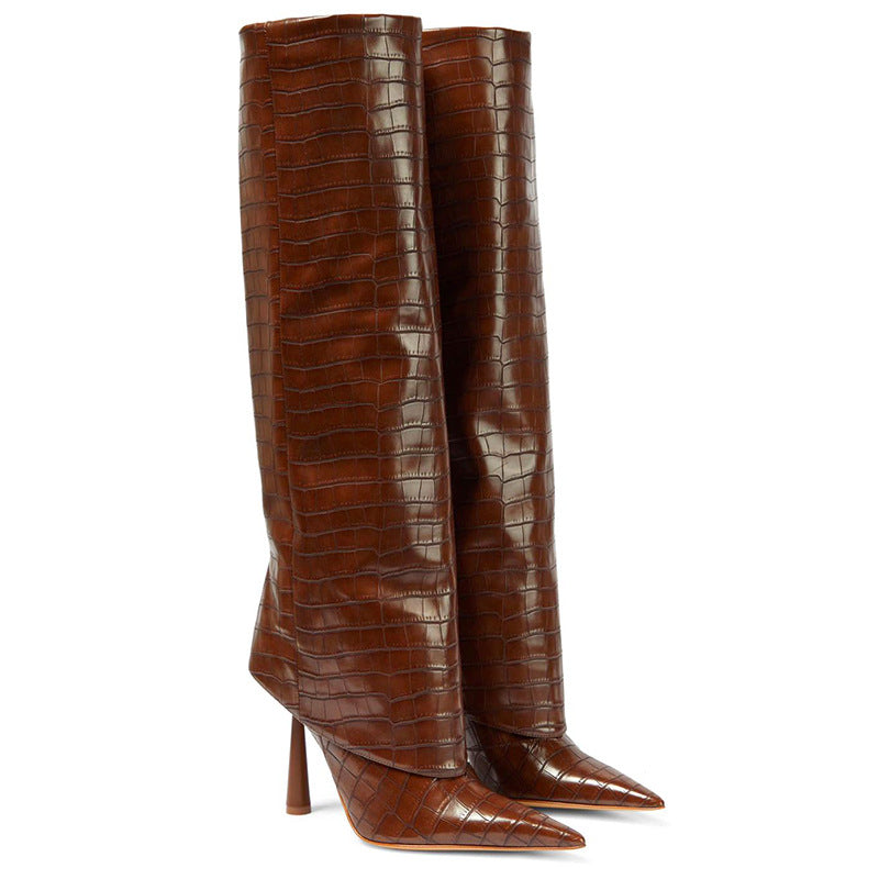 Stone-patterned pointed-toe stiletto boots-thevervian