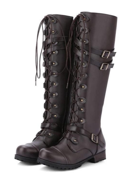 Round toe belt buckle rivet lace-up high-top riding boots-thevervian