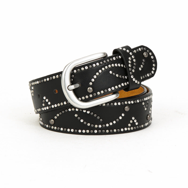 Distressed dark gold cracked PU leather rivet belt-thevervian