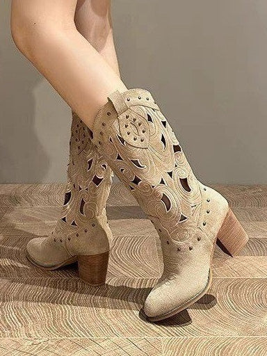 Suede chunky heel embroidered openwork Western boots-thevervian