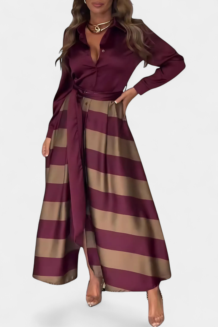 Nessia Long Striped Shirt-Style Dress with Belt
