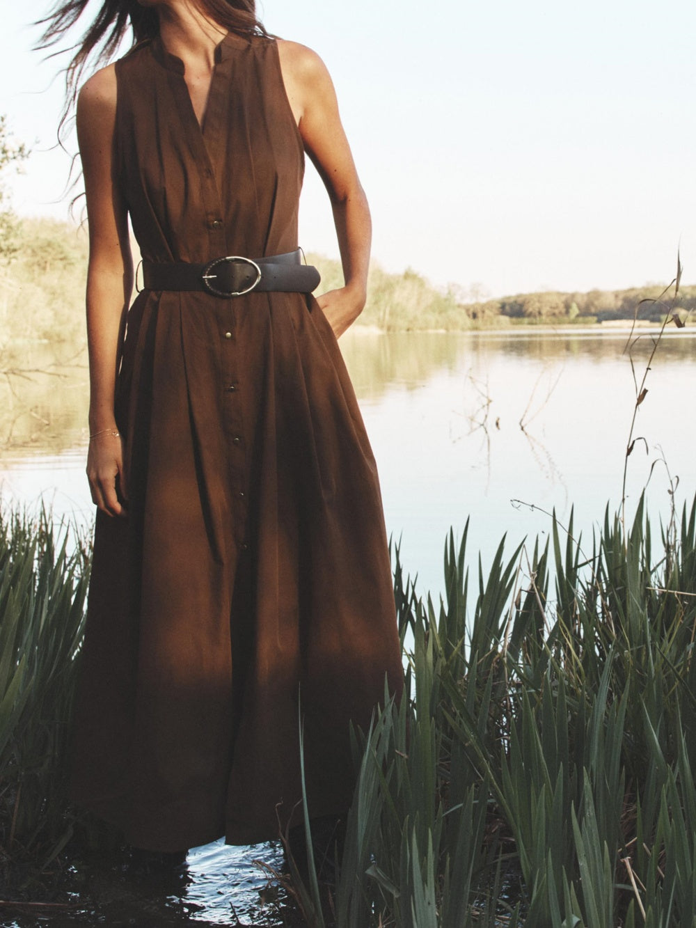 Cotton Belted Midi Dress-thevervian