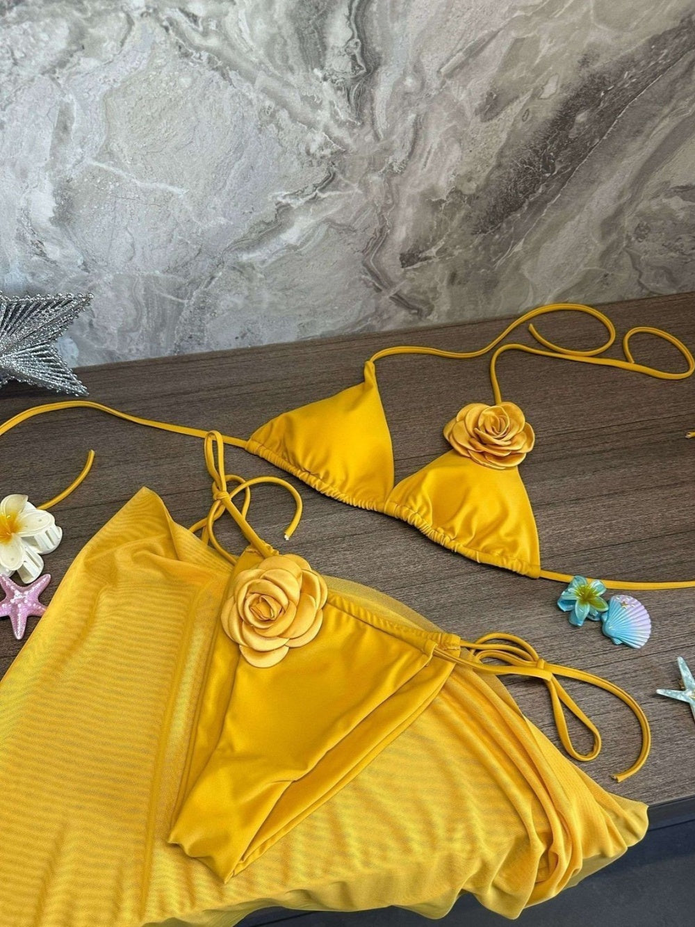 Yellow flower swimsuit three piece set-thevervian