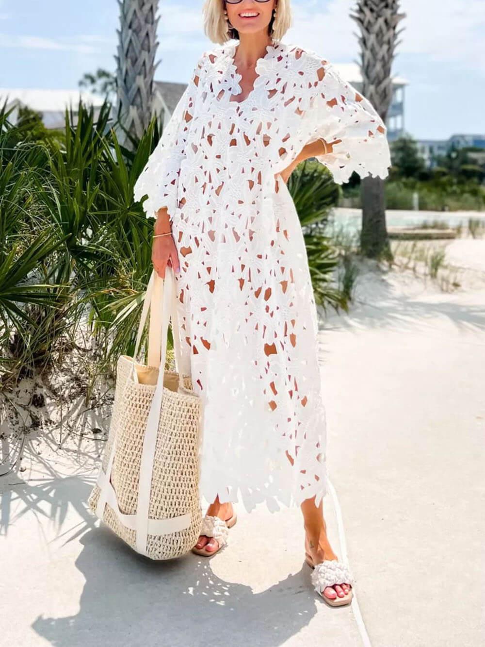 Cover Up Lace Beach Midi Dress-thevervian