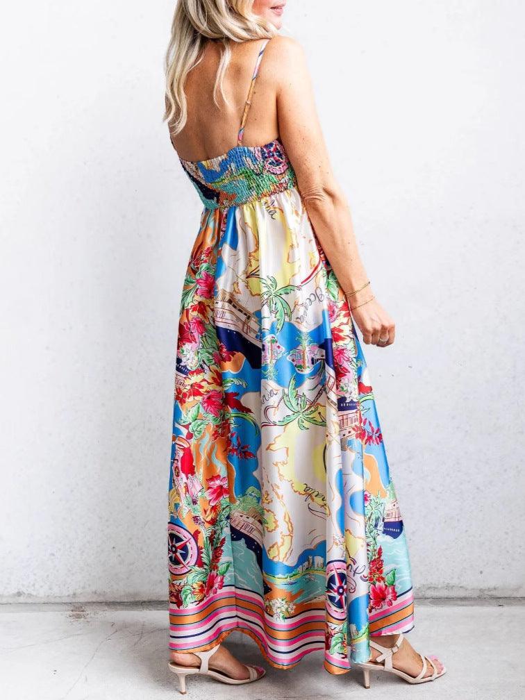 Printed painted holiday style suspender dress-thevervian