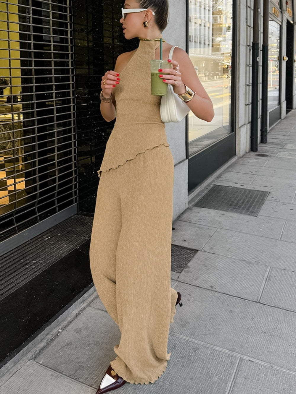 Halter neck pleated textured set-thevervian