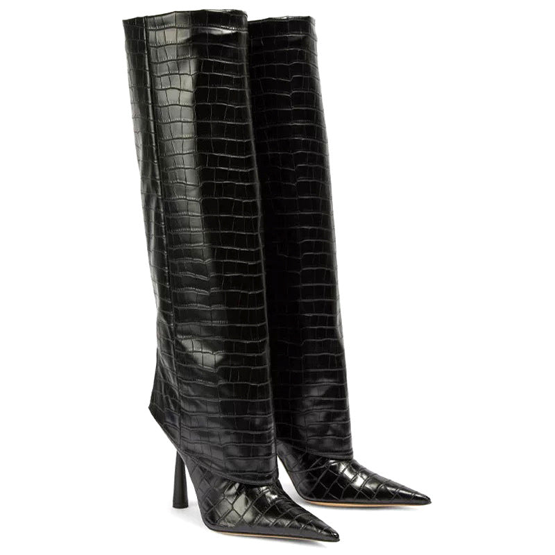 Stone-patterned pointed-toe stiletto boots-thevervian