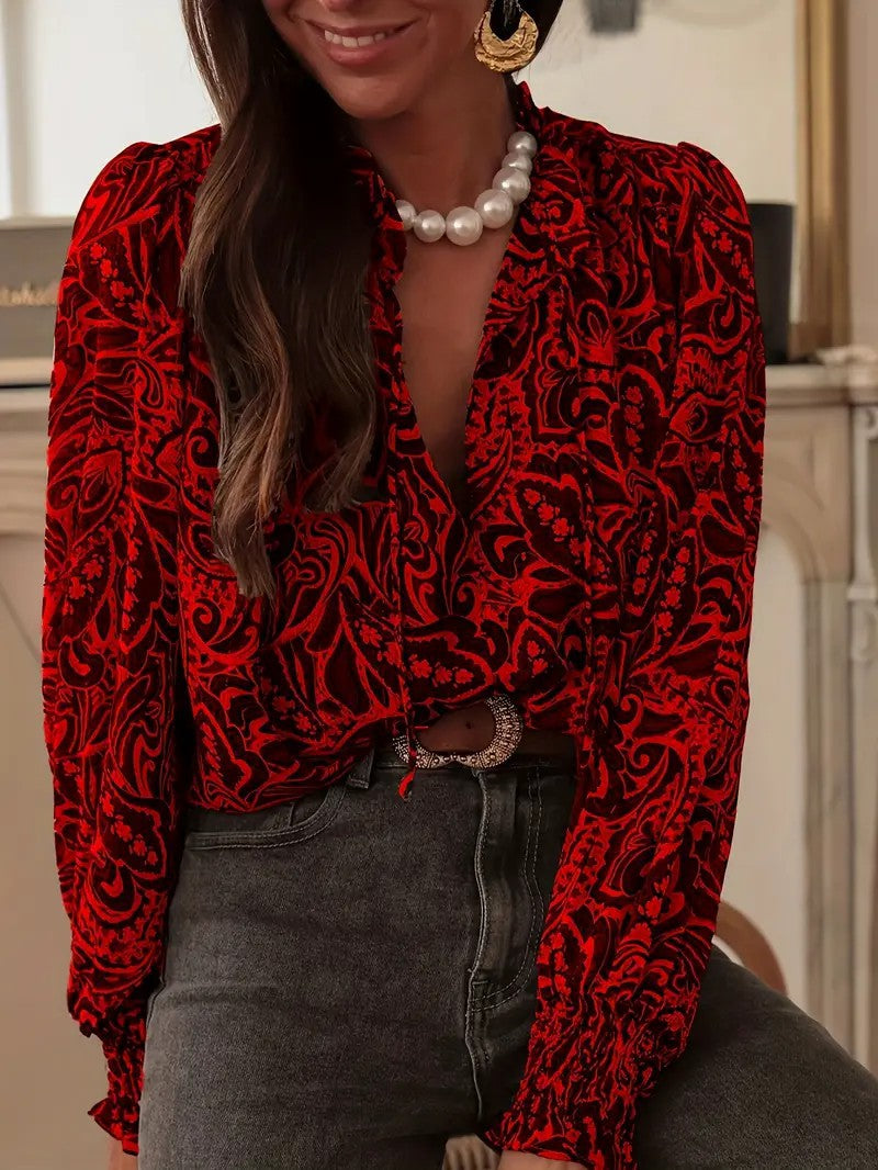 Retro Print Long Sleeve Loose-fitting Shirt for Women-thevervian