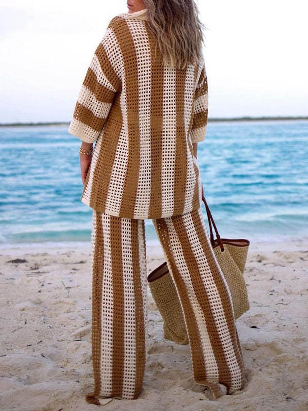 Loose V-Neck Fashion Hollow Out Striped Shirt Wide Leg Pants Set-thevervian