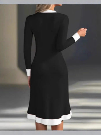 Elegant color-blocked V-neck midi dress for commuting-thevervian