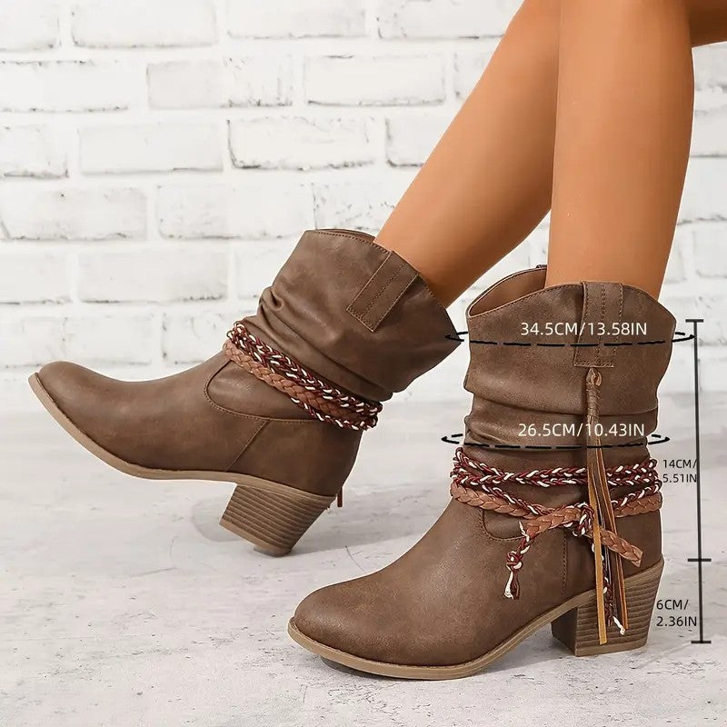 Vintage Western Cowboy Tassel Ankle Boots-thevervian