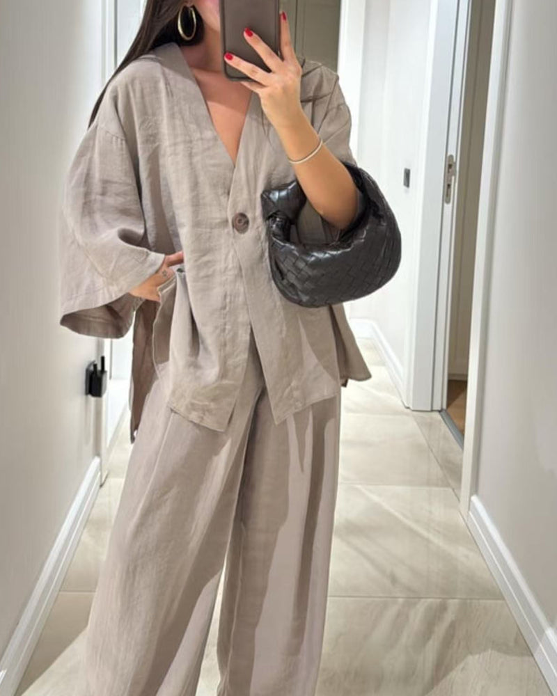 Casual V-Neck Top & Pants Two-Piece Set-thevervian