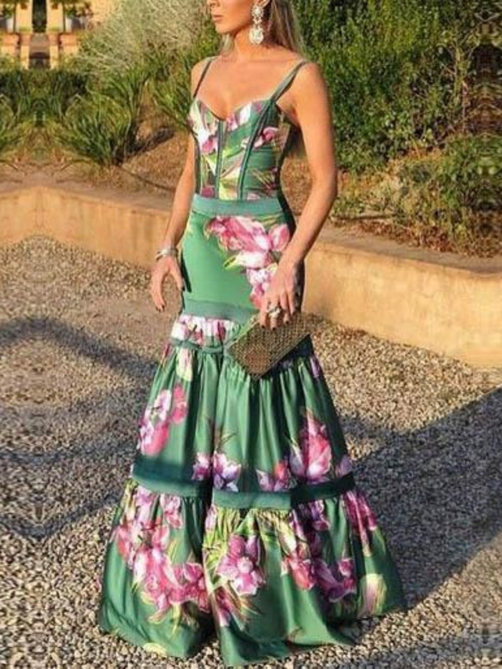 Satin suspender printed panel maxi dress-thevervian