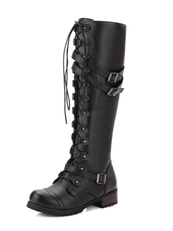 Round toe belt buckle rivet lace-up high-top riding boots-thevervian