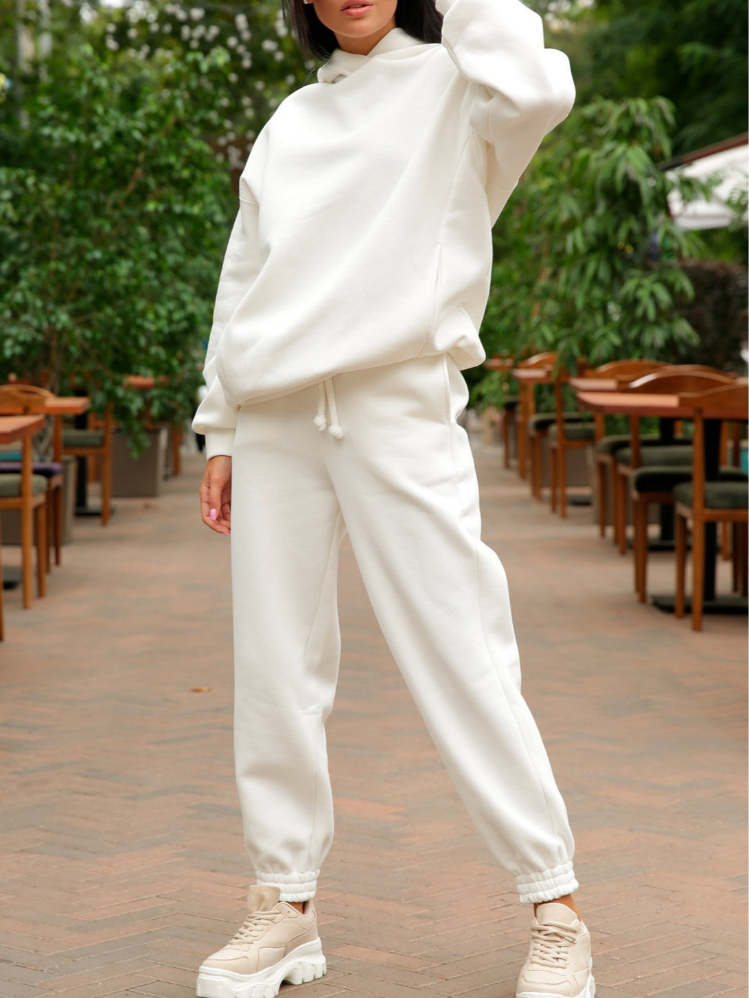 Fashionable solid color hooded sweatshirt casual two-piece suit-thevervian