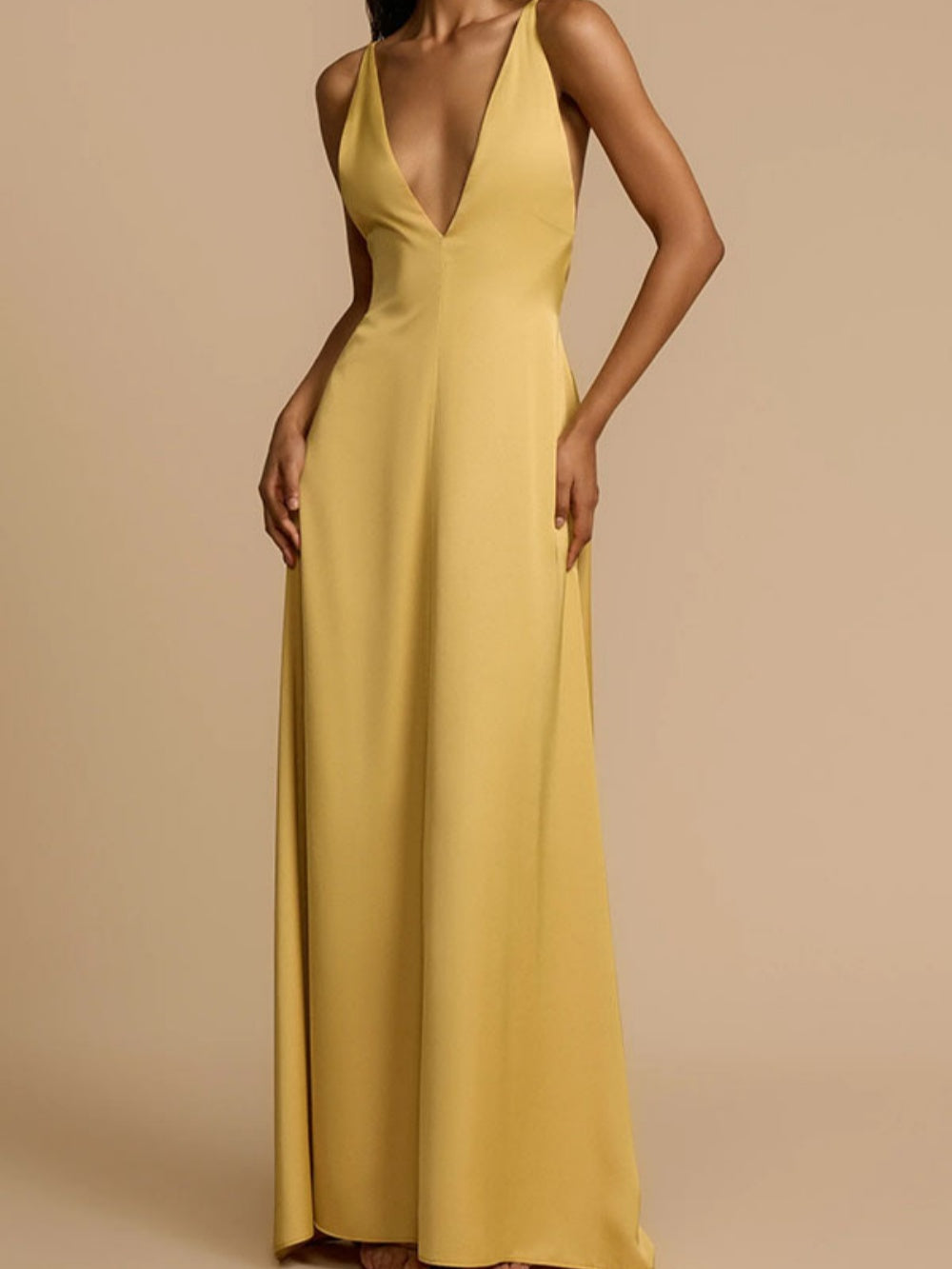 Sexy backless v-neck satin long dress-thevervian