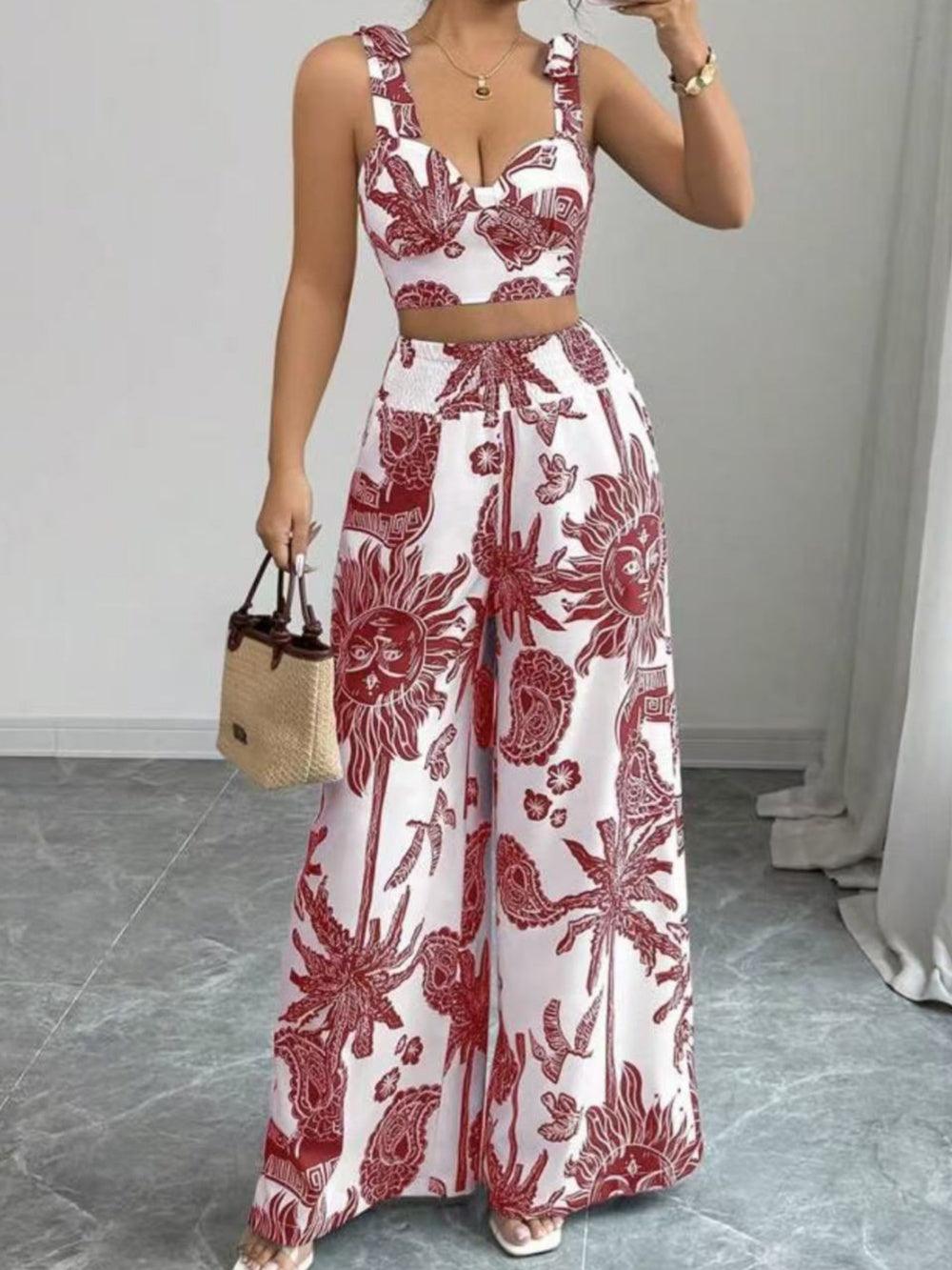 Printed V-neck top + loose wide-leg pants set-thevervian