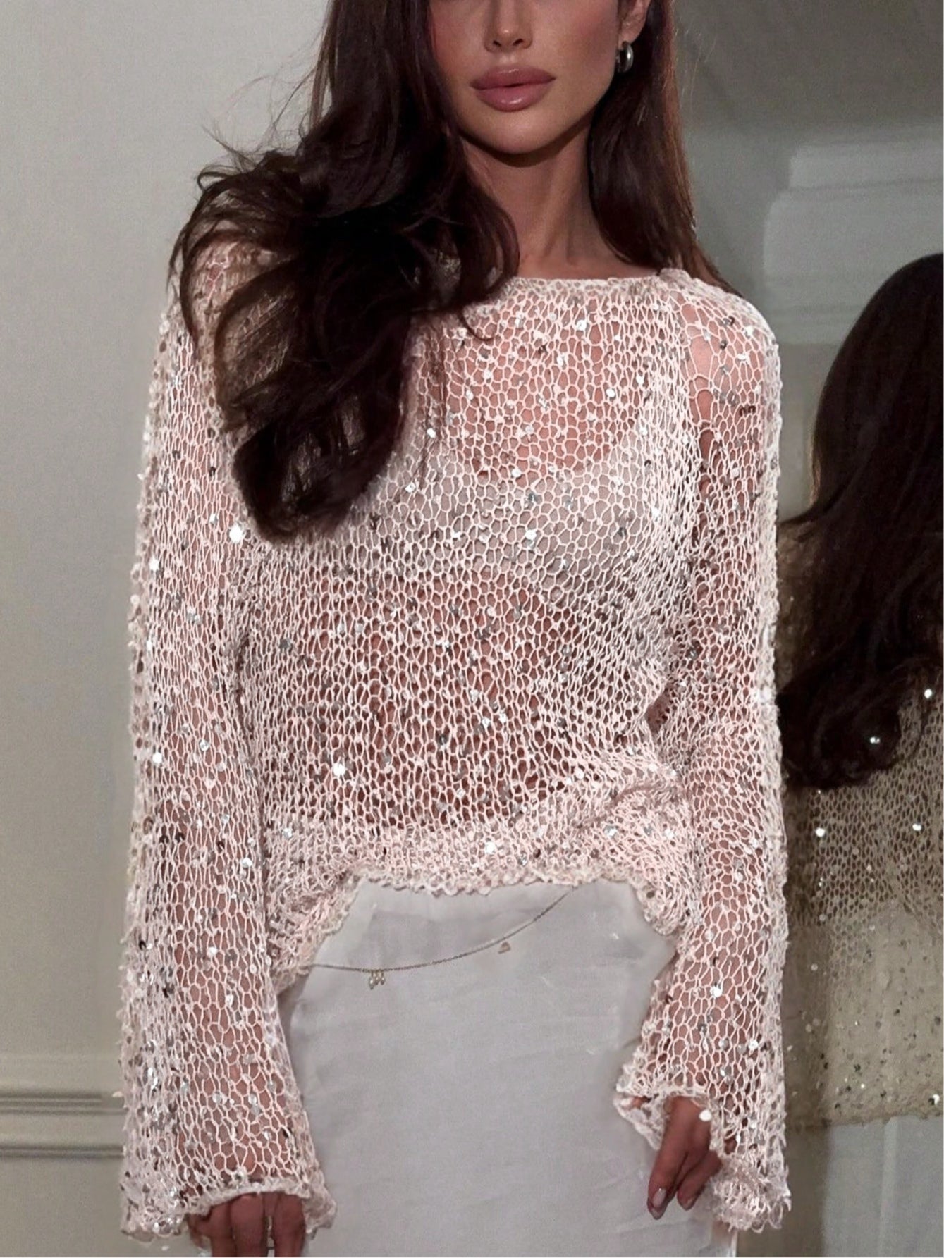 Sequined knitted hollow long-sleeved top-thevervian