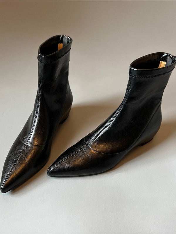 Pointed-toe soft leather stretch boots with back zipper wedge boots-thevervian