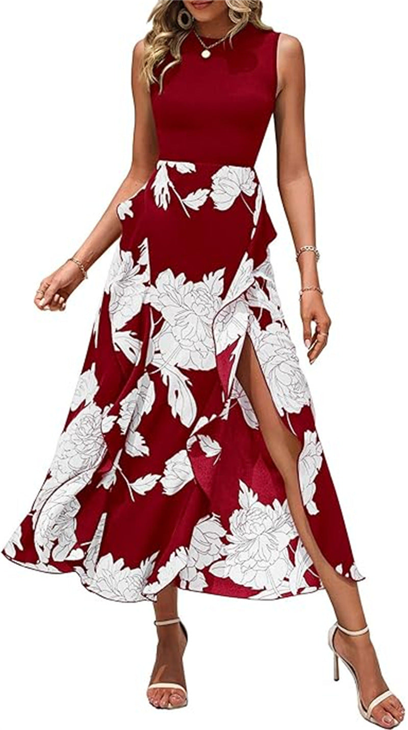 Elegant printed sleeveless midi dress-thevervian