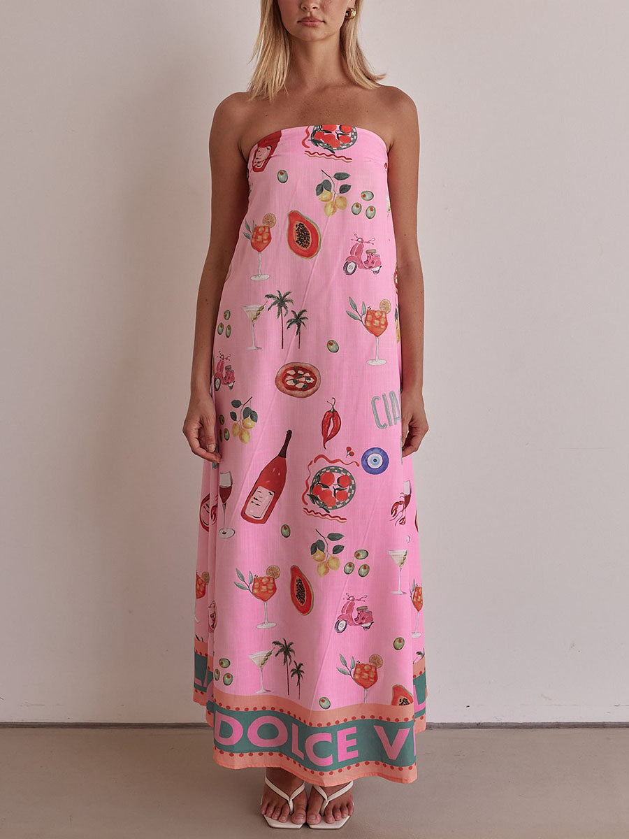 Pink tube top vacation print dress-thevervian