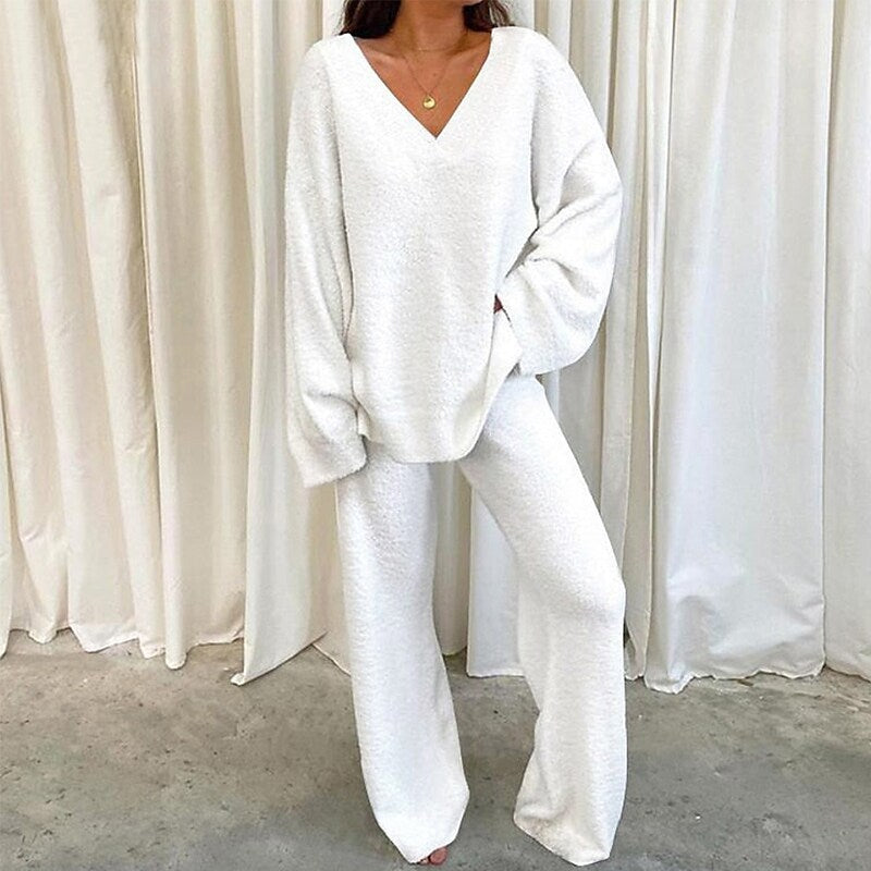 Comfortable Solid Color V-neck Daily  Two-piece Set-thevervian
