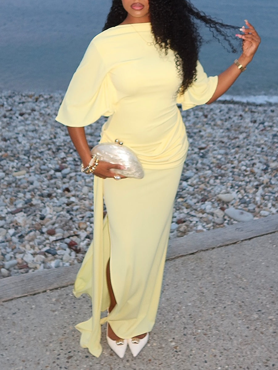 Yellow Cape Backless Maxi Dress-thevervian