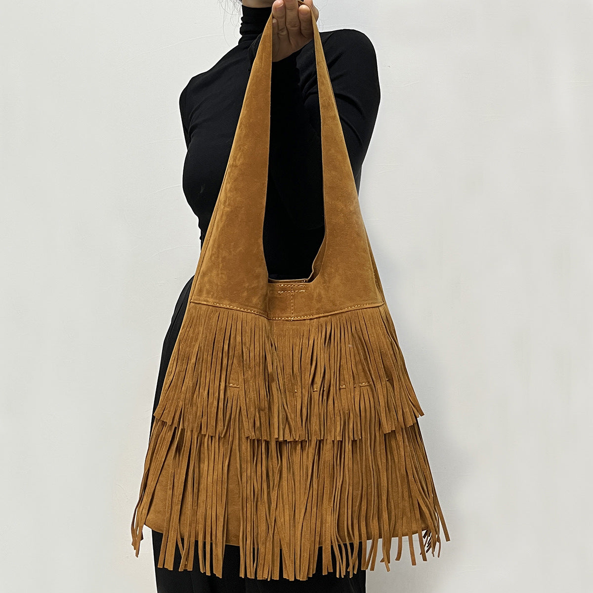 Retro versatile coffee suede tassel large bag-thevervian