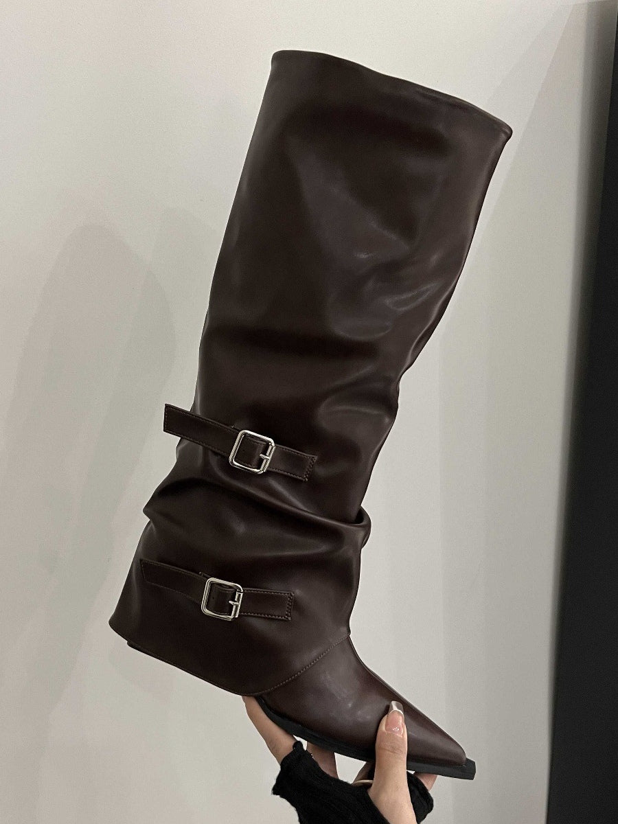 High-top belt buckle pointed toe thick-heeled boots-thevervian