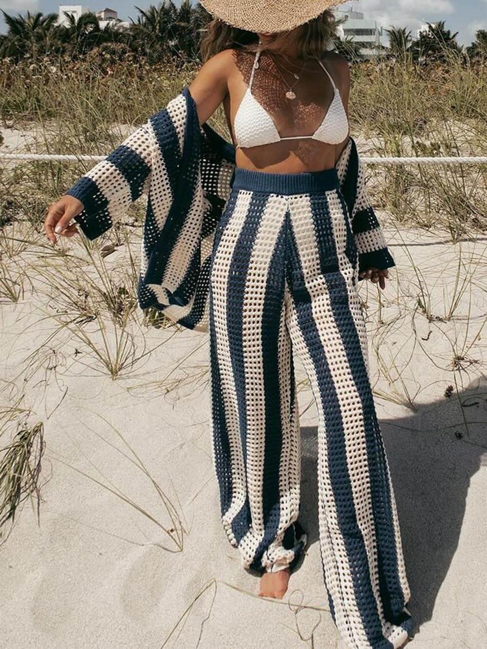Loose V-Neck Fashion Hollow Out Striped Shirt Wide Leg Pants Set-thevervian