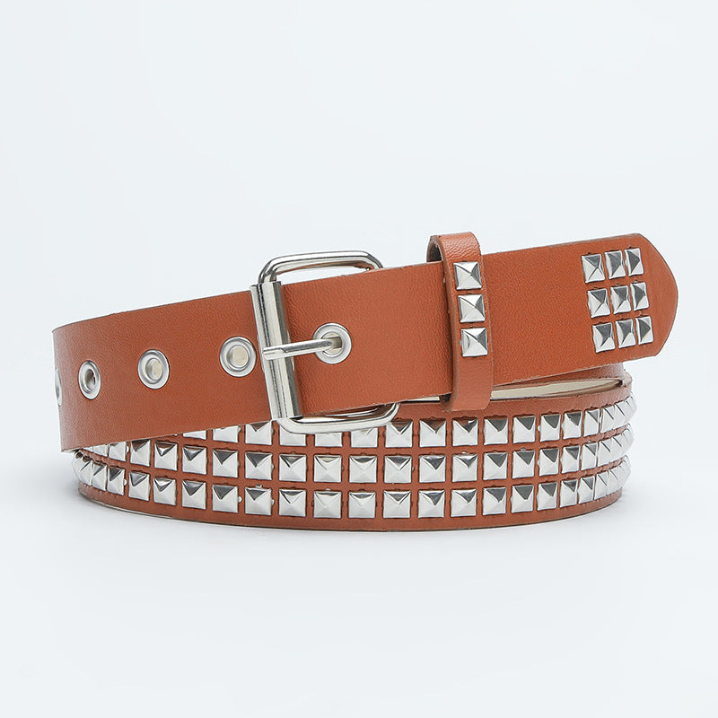 Square bead rivet pyramid inlaid women's belt-thevervian