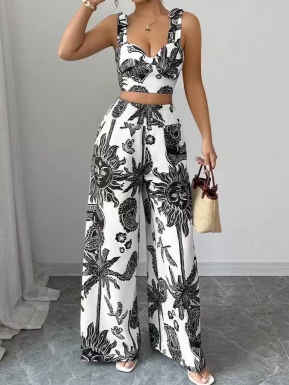 Printed V-neck top + loose wide-leg pants set-thevervian
