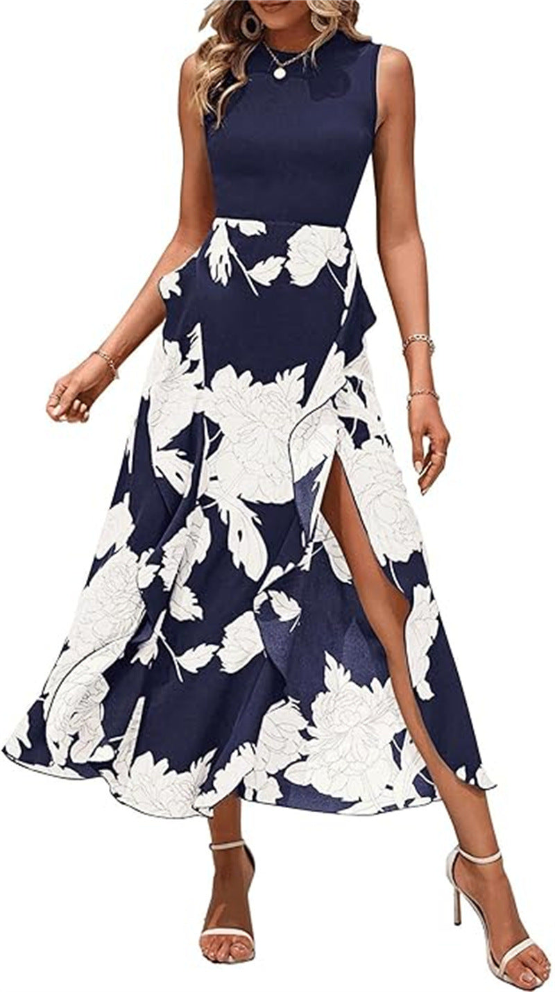 Elegant printed sleeveless midi dress-thevervian