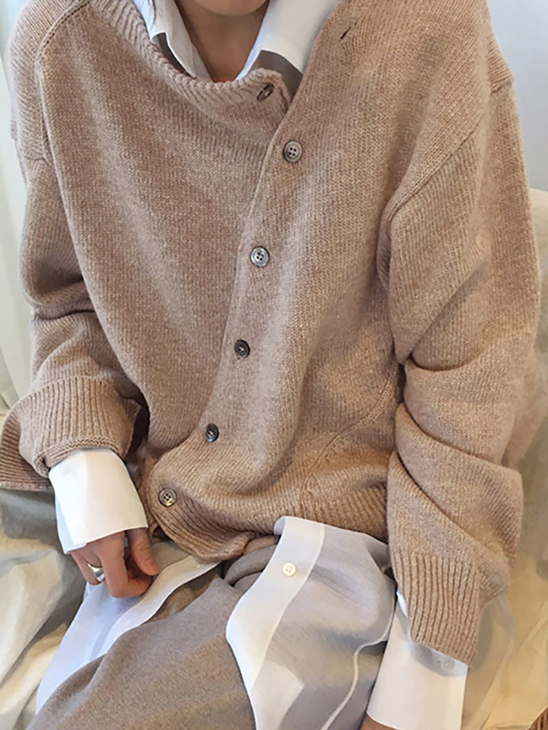 Slanted button irregular design lazy style sweater-thevervian