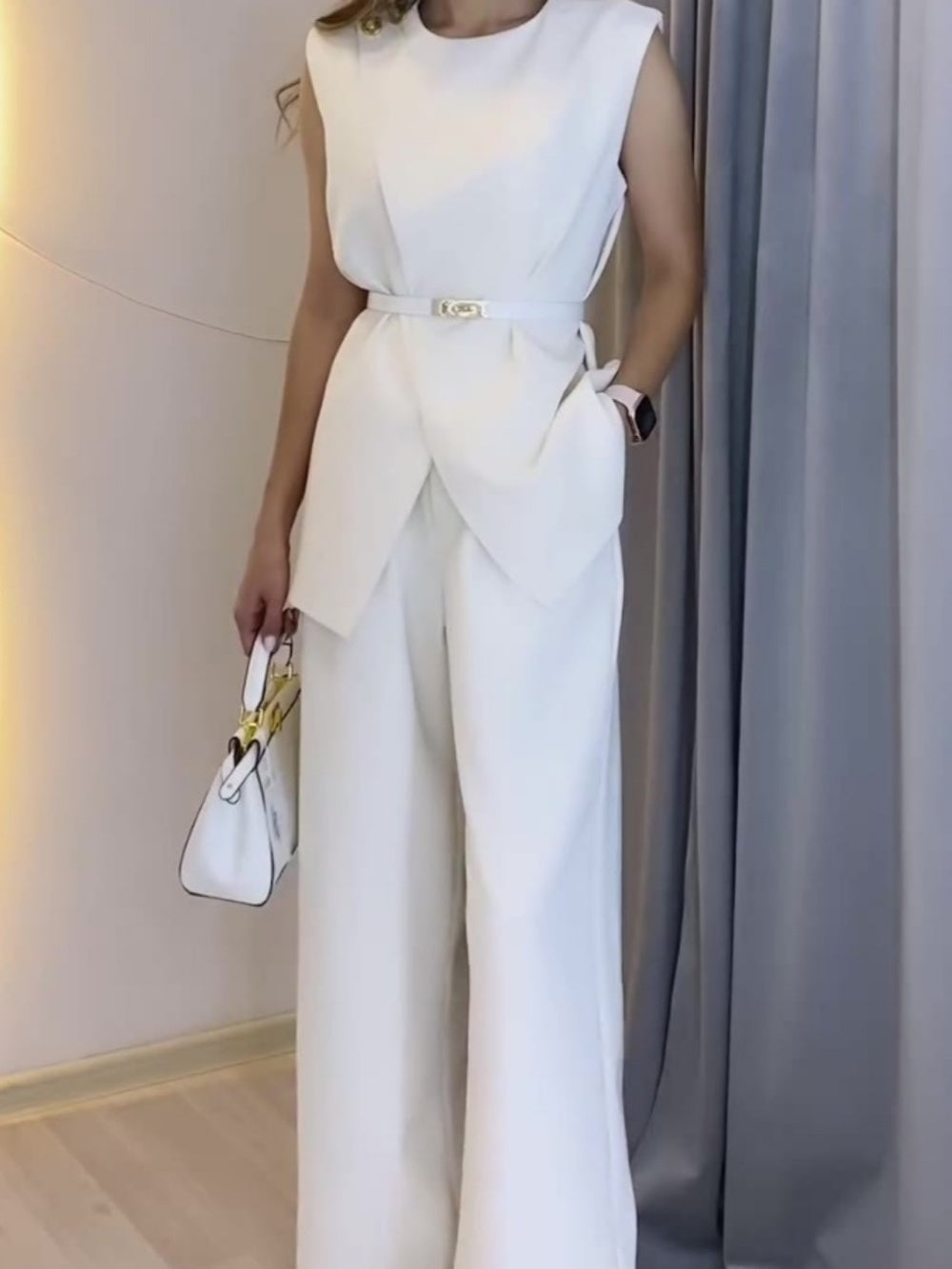 Round neck sleeveless top and wide-leg pants suit-thevervian