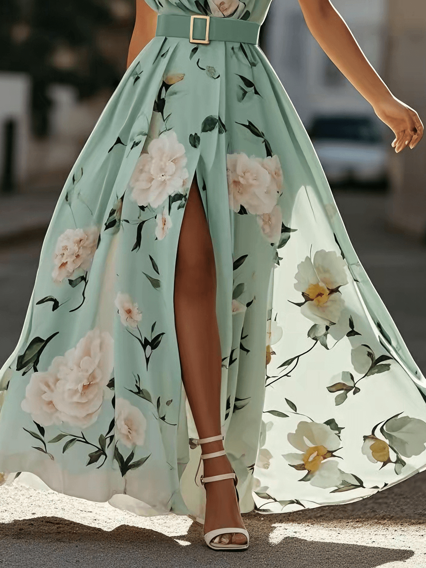 Light Green Floral Ruched One Shoulder A-Line Maxi Chiffon Dress-thevervian