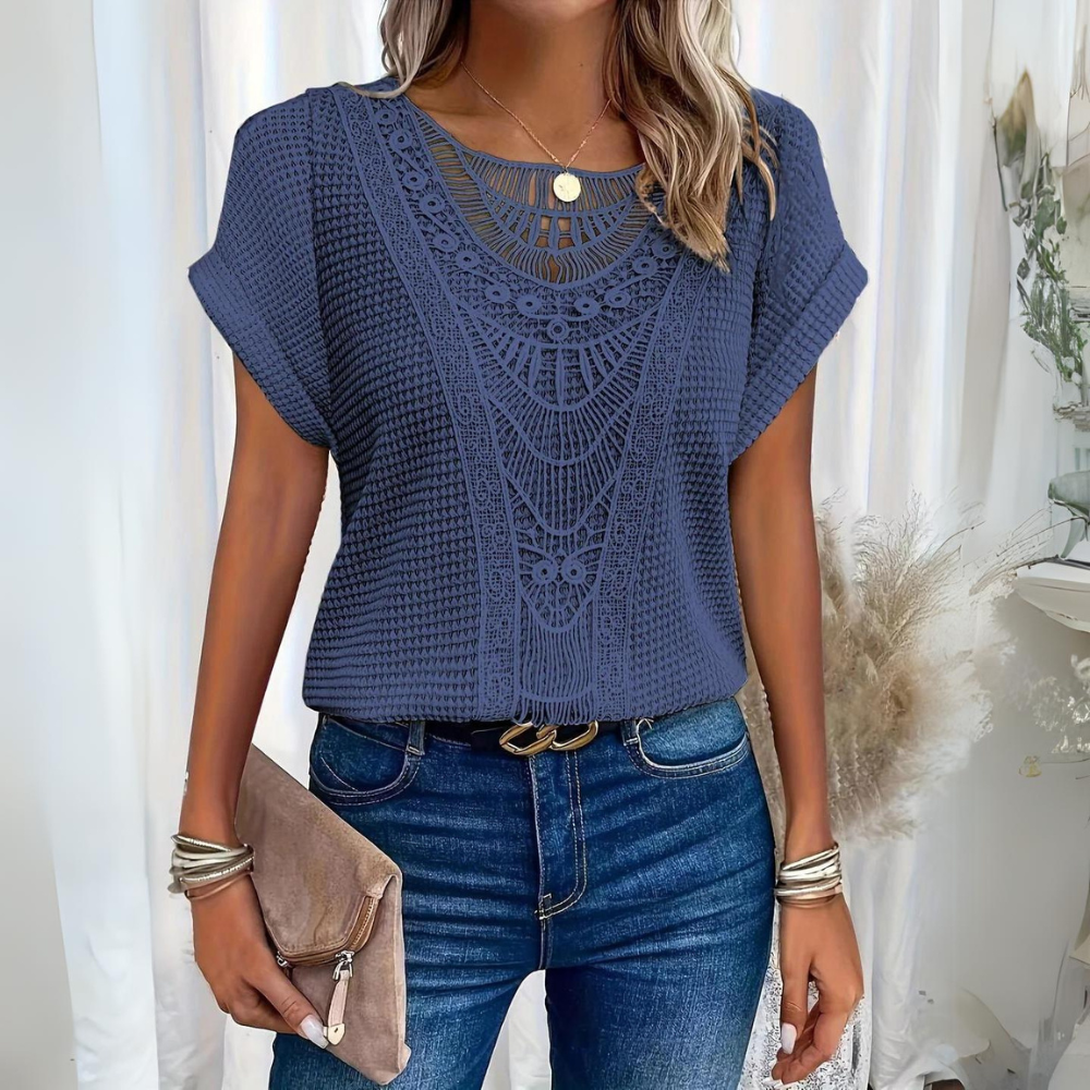 Elegant Lace Patchwork Hollow Short-sleeved Top-thevervian