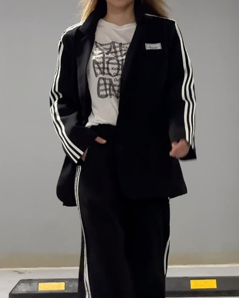 Fashionable Striped Blazer & Wide Leg Pants Two-Piece Set-thevervian