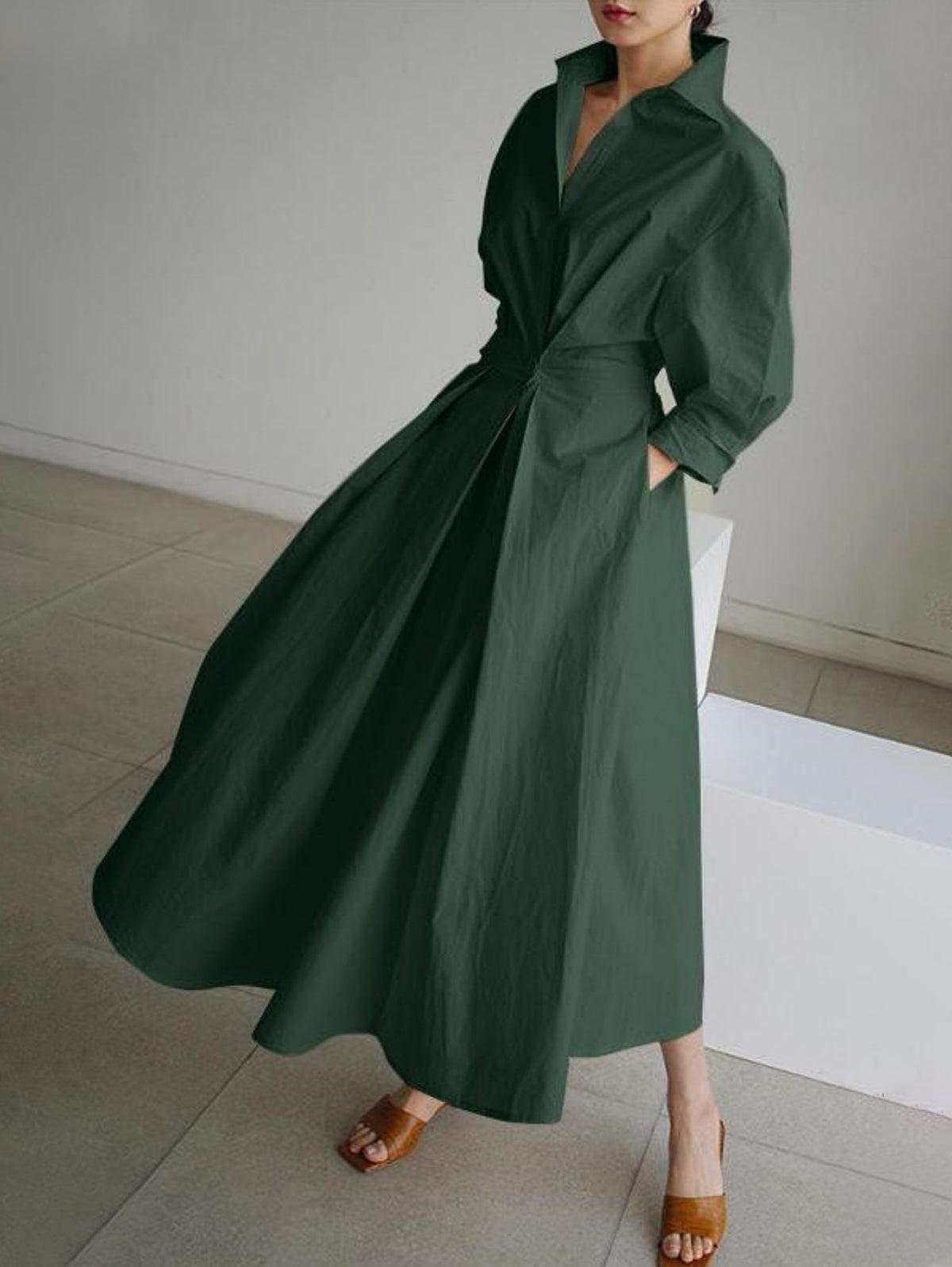 Elegant Pocket Button Lapel Collar Fold Solid Midi Dress-thevervian