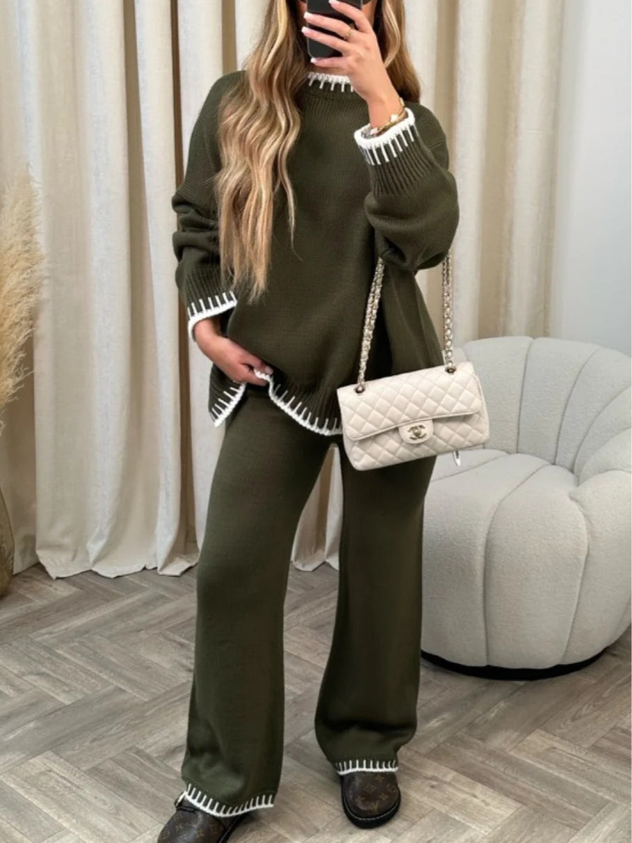 Casual color-blocked solid color sweater loose two-piece set-thevervian