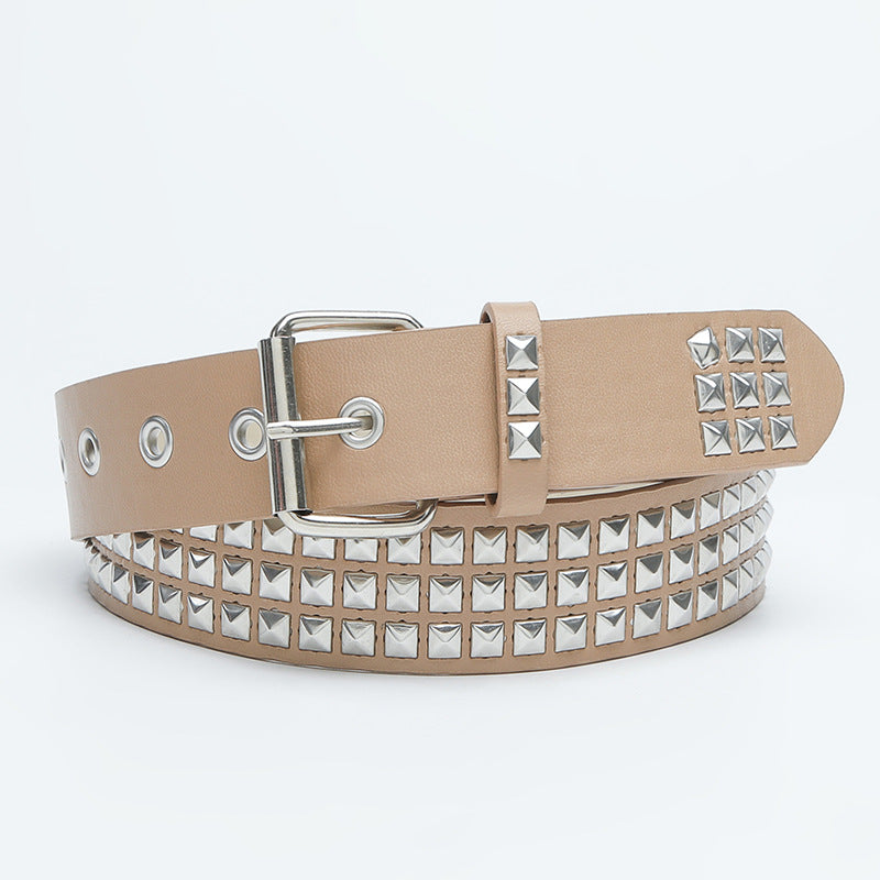 Square bead rivet pyramid inlaid women's belt-thevervian