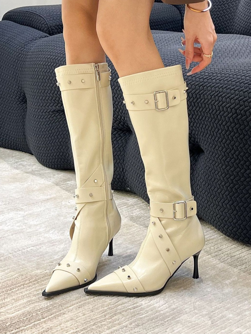 Women's pointed-toe studded high-heeled fashion boots-thevervian