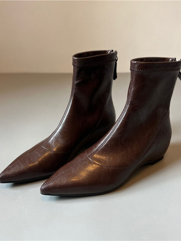 Pointed-toe soft leather stretch boots with back zipper wedge boots-thevervian