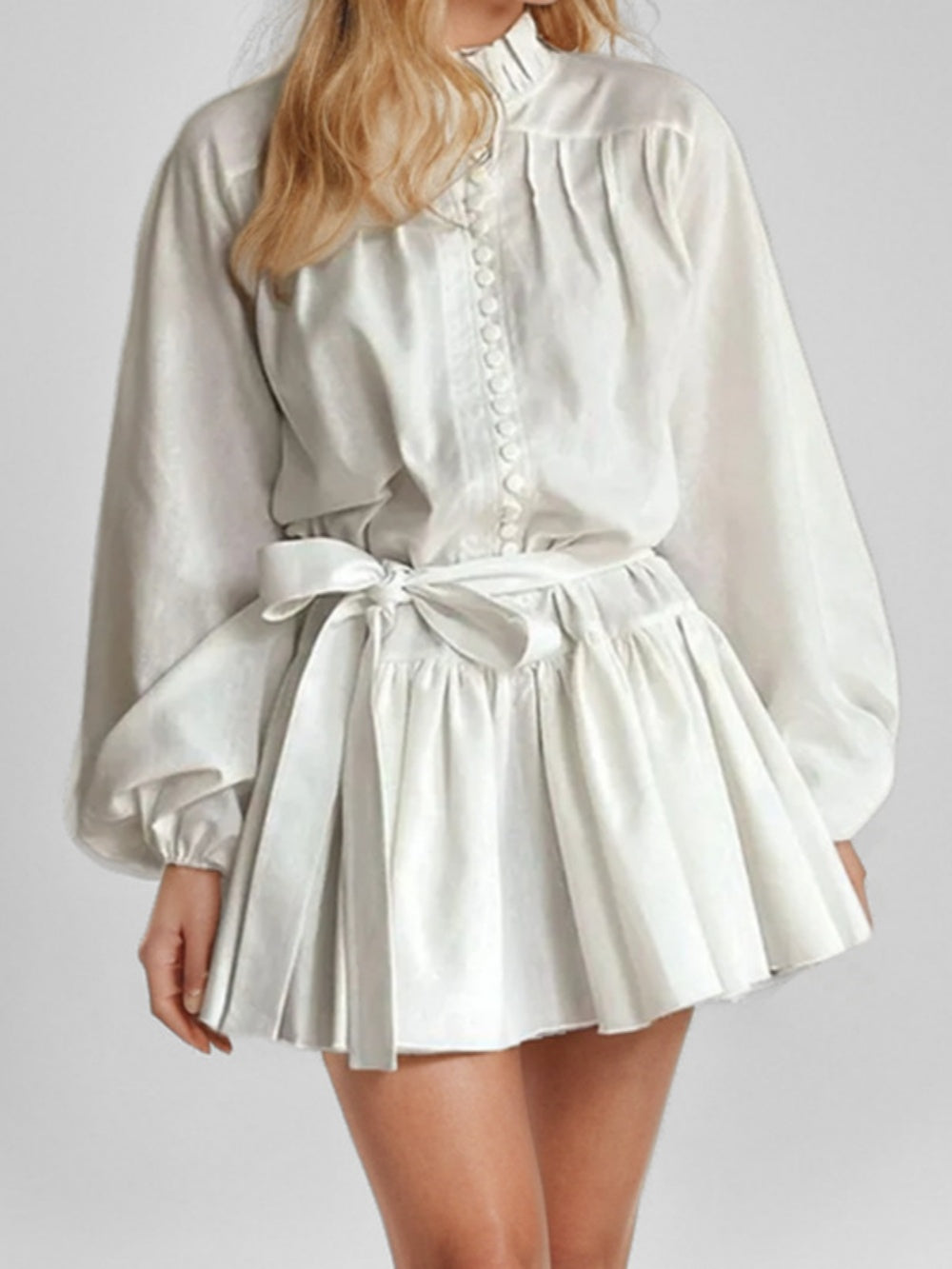 Elegant long-sleeved tie-neck printed dress-thevervian