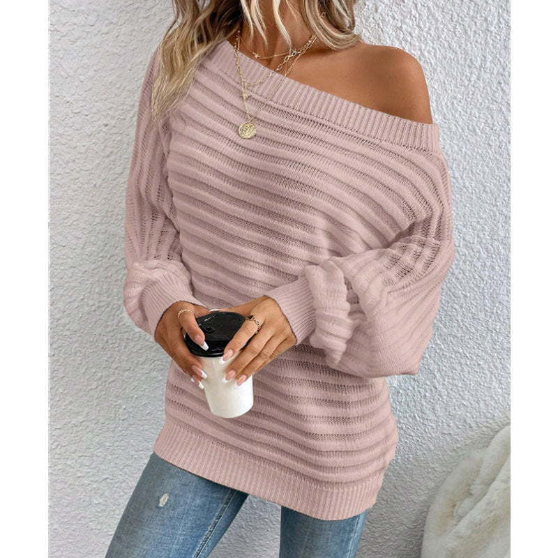 Striped batwing sleeve pullover knitted sweater-thevervian